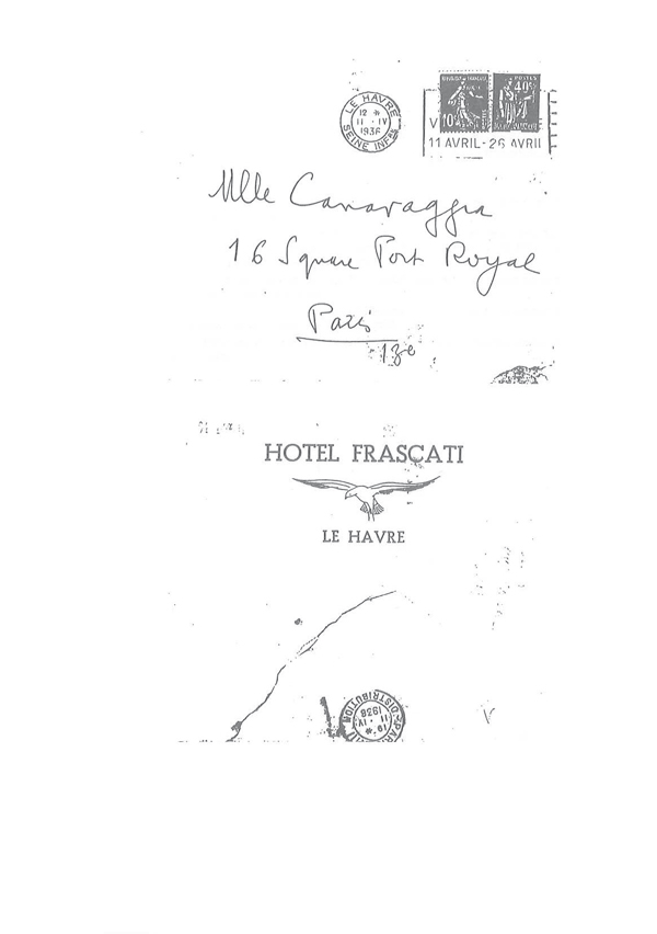 Enveloppe d’une lettre de Céline à Marie Canavaggia, [avril 1936], de l’hôtel Frascati