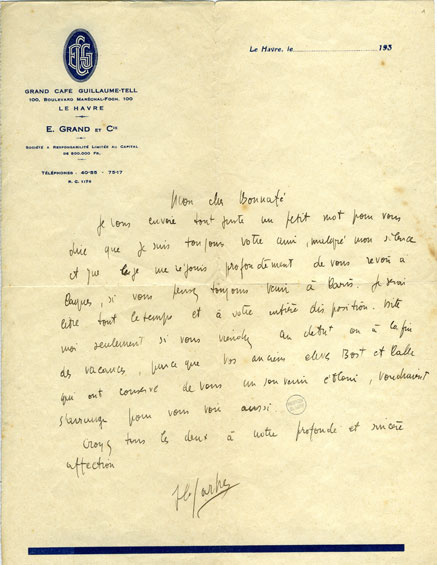 Lettre de J-P Sartre à Jacques Bonnafé sur papier à en-tête du Guillaume Tell