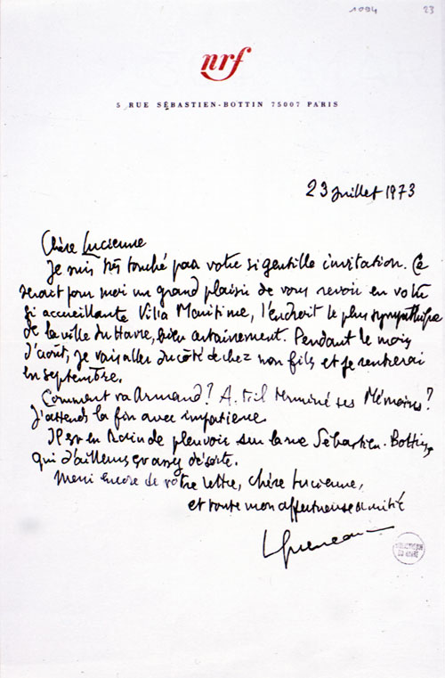 Lettre de Raymond Queneau à Lucienne Salacrou, 23 juillet 1973, fac-similé