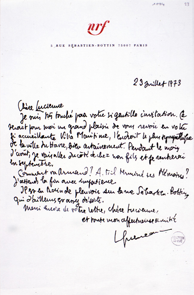 506 test Lettre de Queneau à Lucienne Salacrou, 23 juillet 1973. 